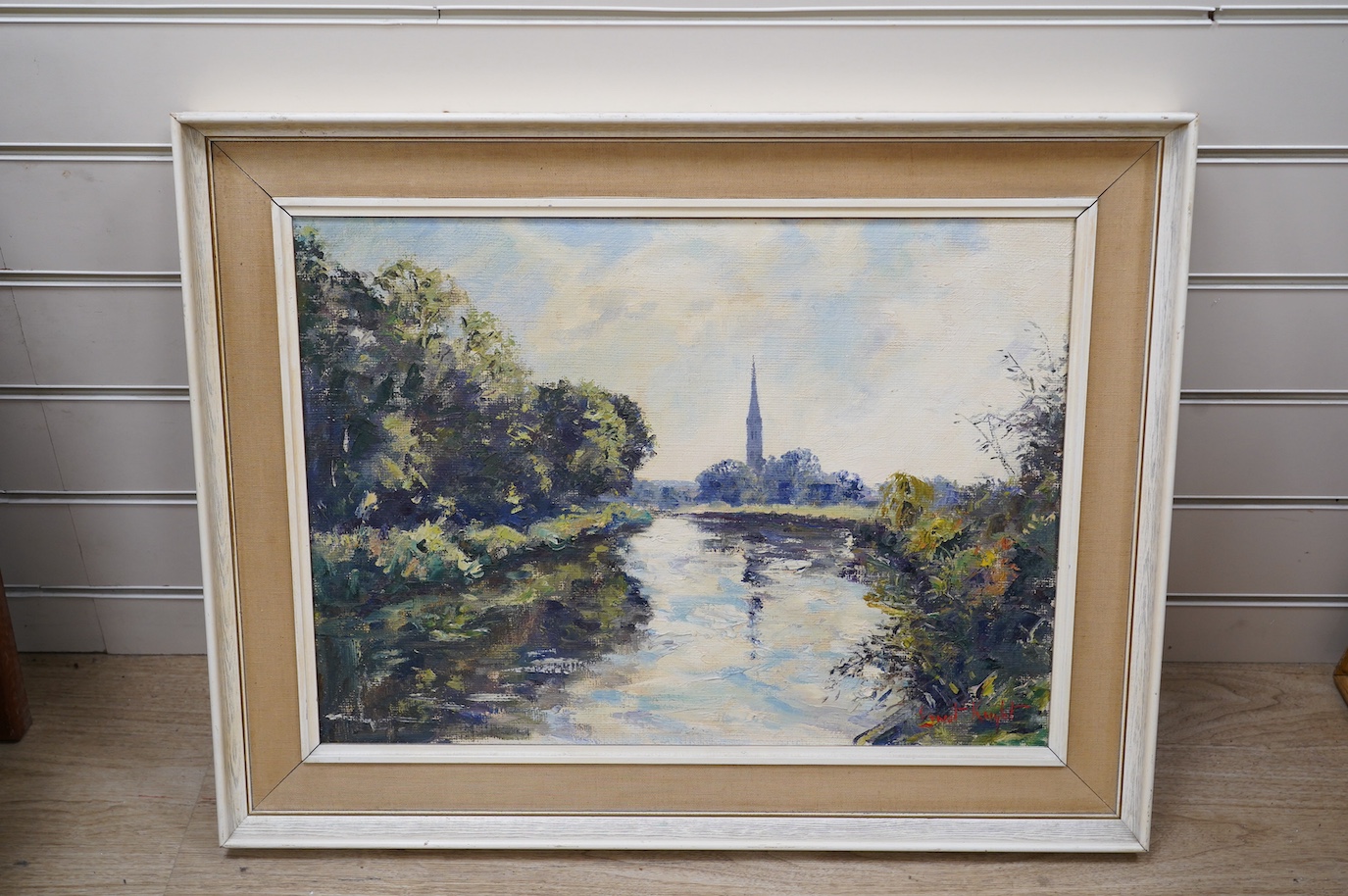 Ernest Knight (1915-1995), oil on canvas, 'Riverscape, Salisbury', signed, 39 x 54cm. Condition - fair to good